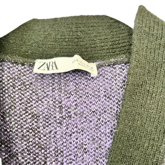 Zara Purple Black Checkered Flower Jacquard Knit Oversized Cardigan Sweater S - Picture 6 of 9